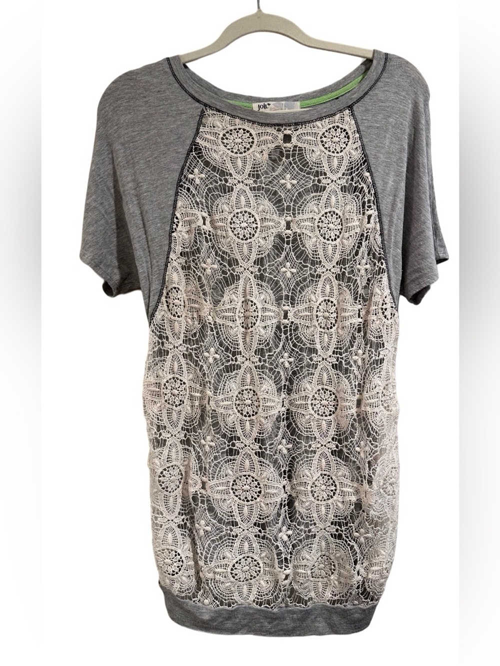 Jolt Boho Mixed Media Lace Front Raglan Top Gray & White Floral Crochet Medium - Picture 3 of 15